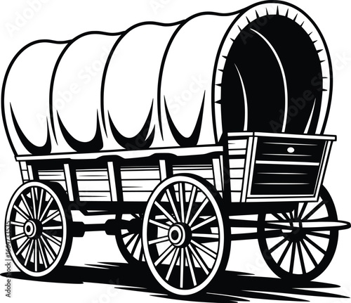 Vintage Covered Wagon Pioneer Carriage Illustration.