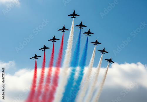 Nine military jets in V formation releasing red, white, and blue smoke trails. symbolizing precision, unity, and national pride.
