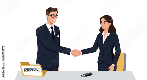 Detective and client shaking hands to finalize a confidential agreement, perfect for business presentations, legal discussions, and articles on confidentiality in professional relationships  