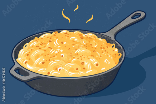 Creamy mac and cheese bubbling in a cast iron pan, flat lay.