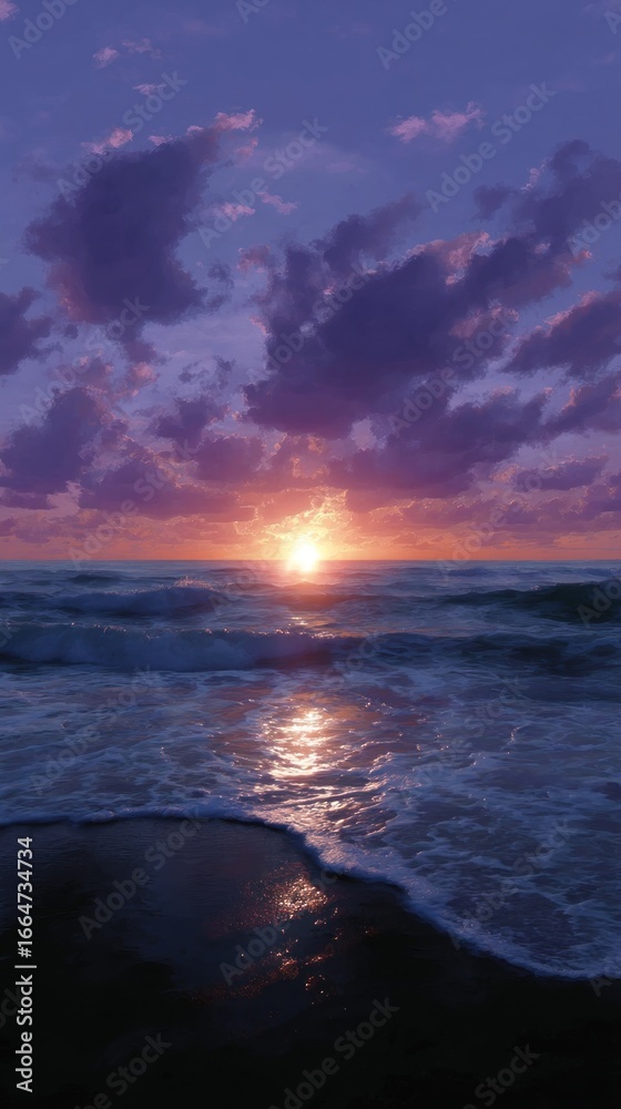 Obraz premium Purple and orange hues blend at sunset over gentle ocean waves by the shore