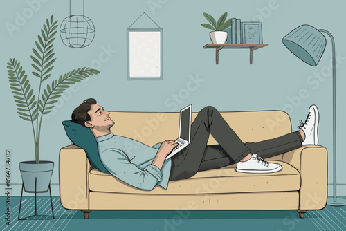 Man relaxing on sofa with laptop.