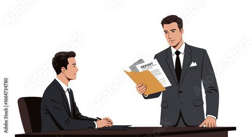 An employee presenting a detailed report to a colleague, suitable for business meetings, professional presentations