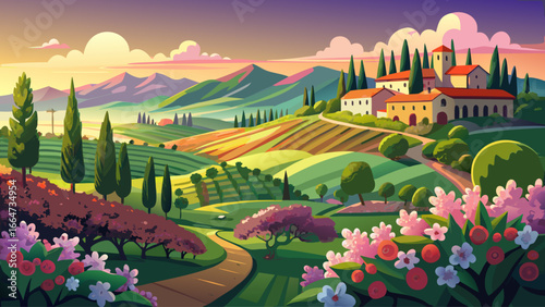 Scenic views glow across rural Tuscany at sunset, verdant lawns bathed in light, flowering trees bloom, spring planting whispers growth, timeless horizon radiates beauty, landscape harmony inspires pe