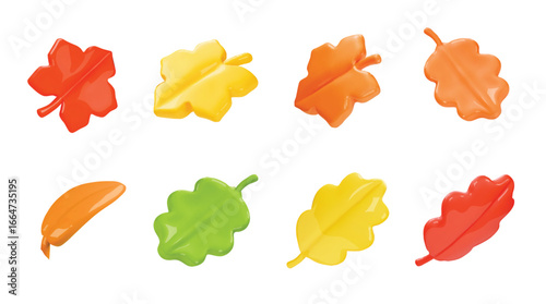Autumn fallen leaves 3d fall leaf autumnal set, september forest maple, oak leaves , botanical design render elements set isolated on white background.