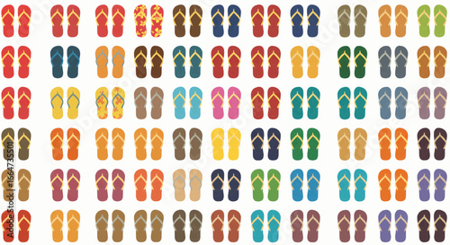 An extensive collection of colorful flip-flops neatly arranged in rows on a white background