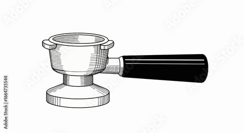 Detailed illustration of an espresso machine portafilter with a black handle against a white background