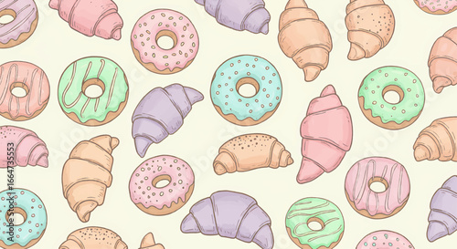 Seamless pattern with delicious donuts and croissants in pastel colors, perfect for baking and confectionery themes