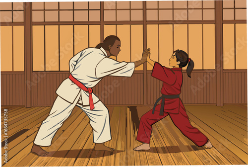 A martial arts instructor in a dojo with a wooden floor.