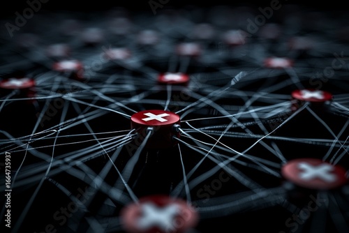 Red cylindrical nodes with symbols create a complex network in a dark, abstract environment. Thin lines connect nodes, evoking mystery and connectivity.
