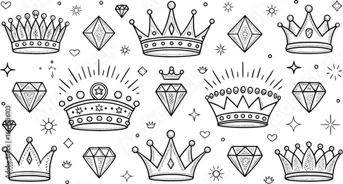 Collection of hand drawn crowns and diamonds with sparkles