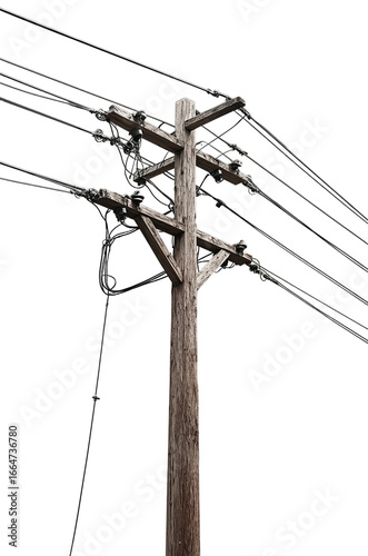 Wooden utility pole with crossarm, multiple electrical wires, and insulators, isolated on transparent background.