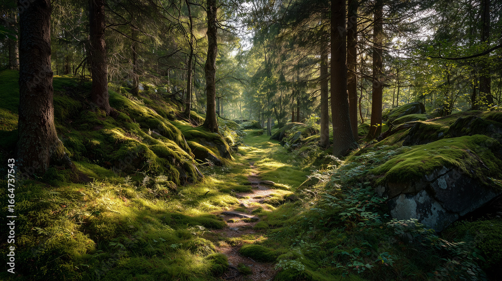 Fototapeta premium Sunlit forest path in Sweden with mossy ground
