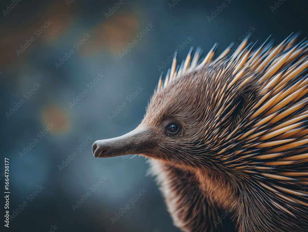 Fototapeta premium Close-up of a spiky echidna showcasing its unique quills and facial features against a blurred natural background, highlighting the beauty of wildlife in its habitat