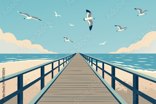 Serene boardwalk path towards a tranquil ocean with a soaring seagull.