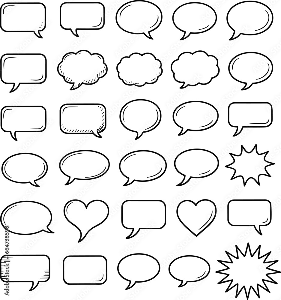 Obraz premium Hand drawn speech bubbles, comic chat balloon, doodle thought cloud, vector sketch set, empty dialog template, cartoon communication design elements