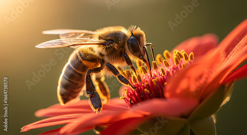 Bathed in the warm glow of golden hour light, a honey bee diligently collects pollen from a vibrant red flower in a detailed macro photograph