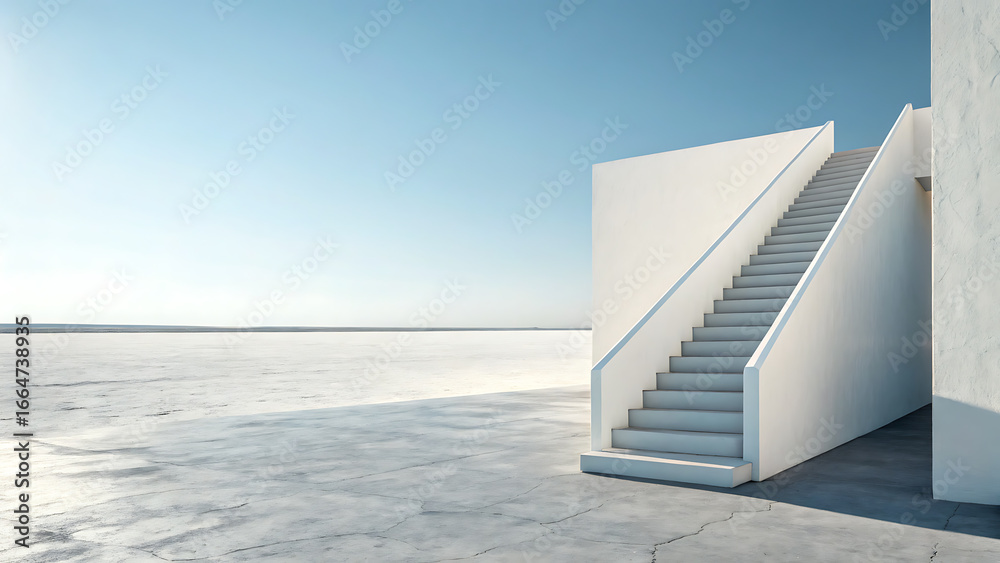 Obraz premium Modern white staircase ascends towards a vast bright sky over a stark expansive landscape
