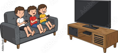 Happy kids playing video games together on couch, enjoying fun time indoors, holding controllers, watching screen, family gaming concept