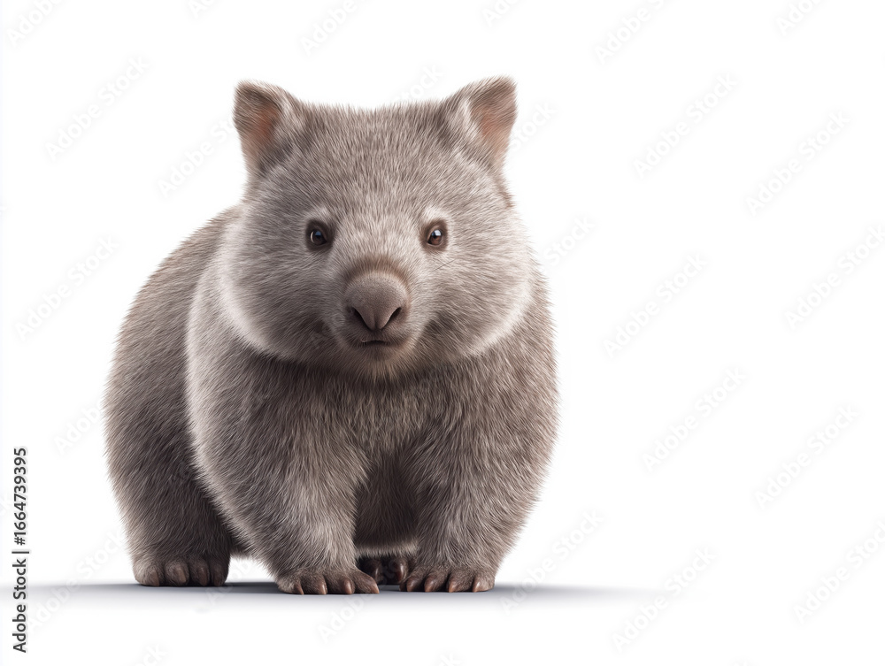 Obraz premium Cute and fluffy wombat standing on a white background, showcasing its round body and small ears, embodying the charm of Australian wildlife and nature conservation efforts