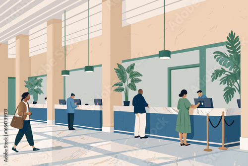 Modern bank lobby with marble floor, customers waiting.