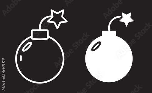 Vector illustration of a cartoon bomb with a lit fuse and star-shaped spark in black outline on a white
