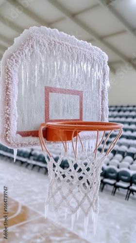 Icicles hang from a basketball hoop in a deserted gymnasium after a snowstorm