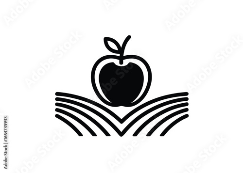 Vector art of an apple sits atop an open book, symbolizing education and knowledge