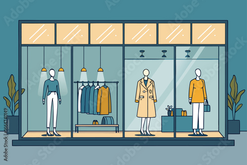 Modern clothing store with mannequins in a glass display.