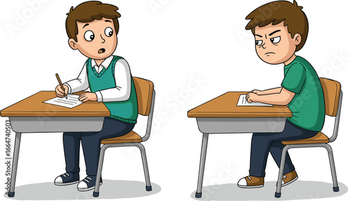 Two school boys sitting at desks during an exam, one looking suspiciously at the other, classroom test, student cheating, academic dishonesty, education concept, classroom scene, tense atmosphere