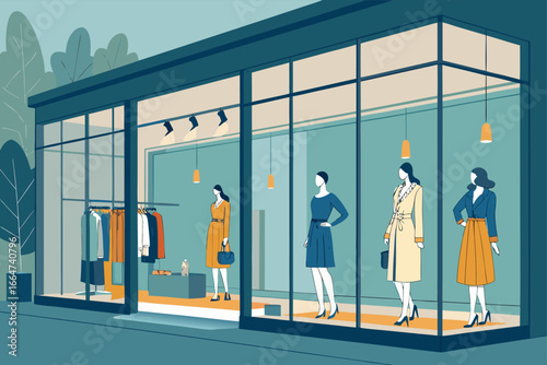Modern clothing store interior with mannequins in glass displays.