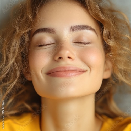 A young woman radiates happiness and tranquility while relaxing in a cozy space