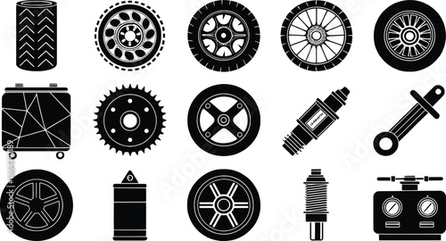Collection of motorcycle parts and accessories icons