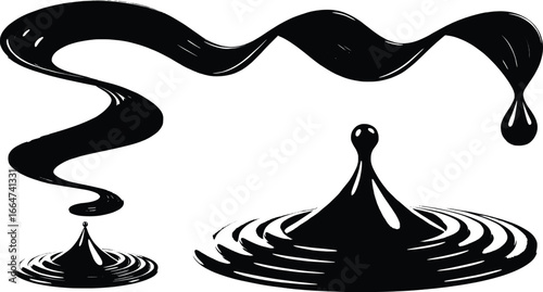 Abstract black liquid splashes and droplets on white background
