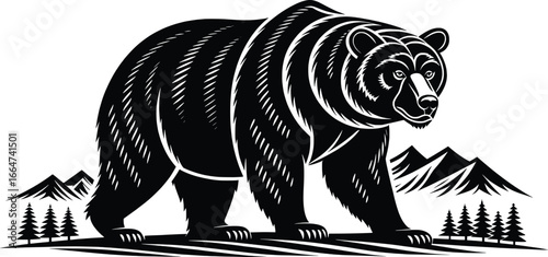 Powerful black bear walking in a mountainous forest landscape woodcut style