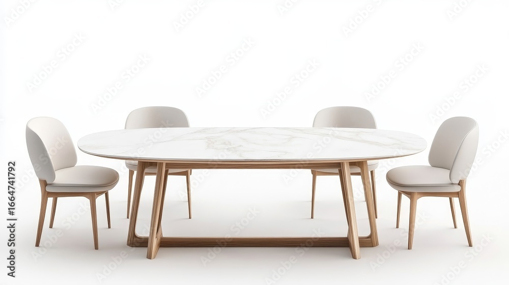 Fototapeta premium Elegant Oval Dining Table with Light Wooden Legs and White Chairs