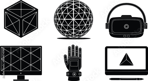 Futuristic technology icons set with geometric shapes and gadgets