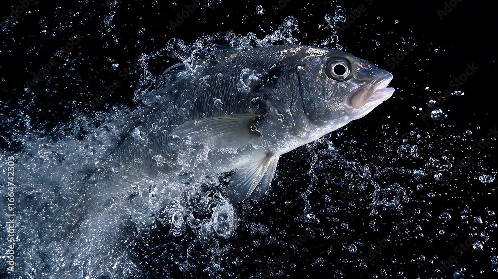 Naklejka premium Fish Leaping Through Water Against Black Background High Speed Photography