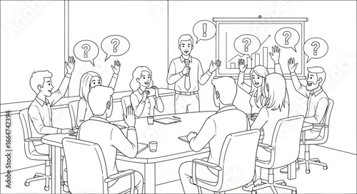 A business meeting with a presenter and attendees raising hands, asking questions.