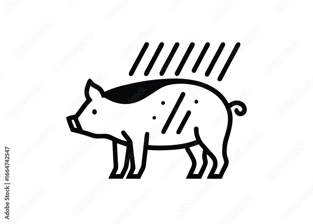 Fototapeta premium Vector art of a simple black and line drawing of a pig with rain falling, isolated a
