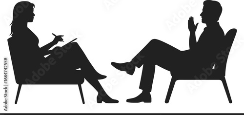 Silhouette of psychologist and patient in therapy session, professional counseling, mental health support, consultation, psychiatry, treatment, healthcare, psychology illustration
