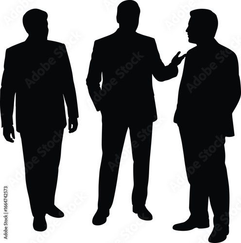 Silhouette of three businessmen in conversation, professional discussion, corporate meeting, teamwork, leadership, communication, business strategy, group collaboration illustration