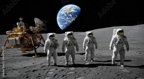 Four Astronauts Walking on Moon Surface with Earth in Background in Space Scene