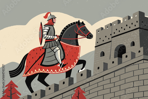 Guard on horseback patrols ancient castle ramparts.