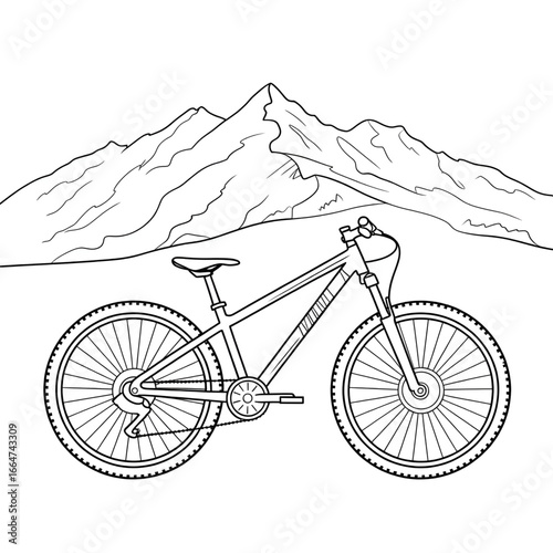 A black and white mountain bicycle illustration line art of a coloring page