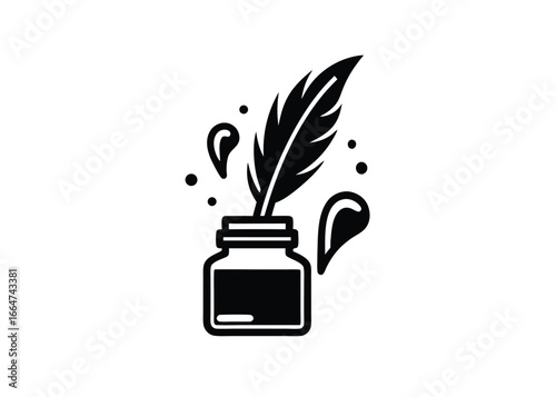 Vector art of black and icon of a quill pen in an inkwell with ink splatters, symbolizing writing and creativity, isolated a