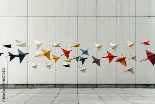 Numerous colorful paper airplanes soar through the blue sky in an urban setting. The playful scene evokes creativity and freedom outdoors.