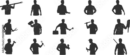 Silhouette of handymen with tools, construction worker icons, repairman poses, builder vector illustration, maintenance man silhouette, DIY tool concept
