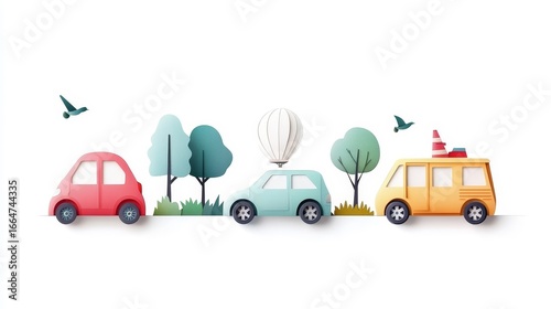 Colorful Car Illustrations with Nature Elements in Paper Cut Style