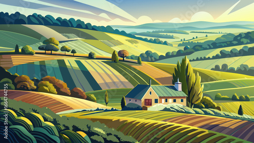 Hampshire’s South Downs reveal tree-lined fields, farmhouse prominent among rolling hills of farmland, sunlight drapes softly, timeless beauty radiates across countryside, harmony of tradition and nat